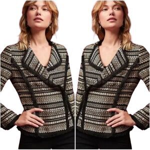 NWT Anthropologie Moon River Braelyn Tweed Fringe Blazer Black/ Gold Size S